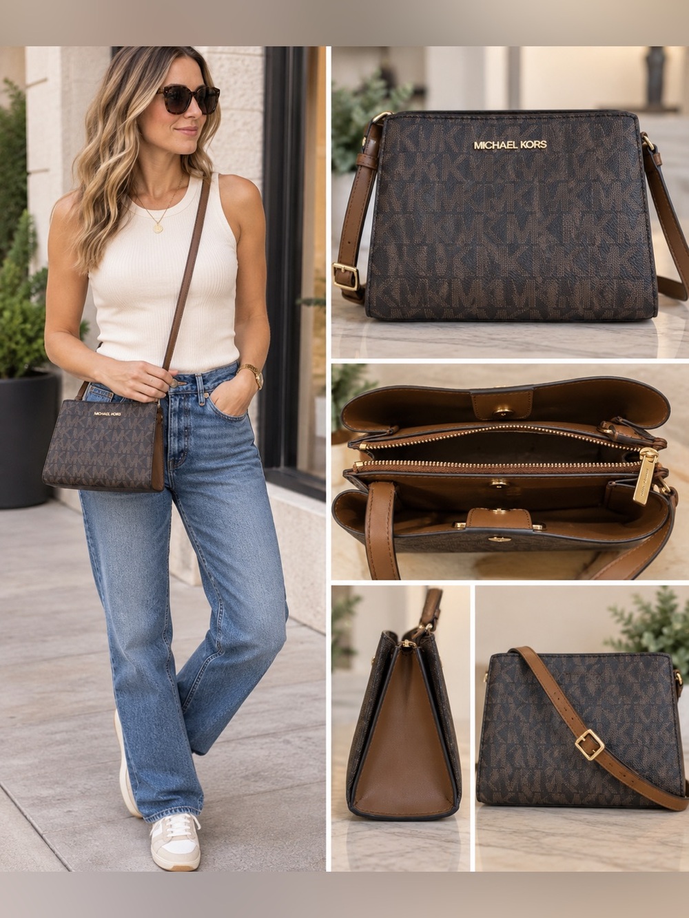 Michael Kors MK Signature Brown Triple Compartment Crossbody Bag
